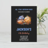 Bewerkbare jongens Multi-Sport Party Uitnodigen Kaart (Staand voorkant)