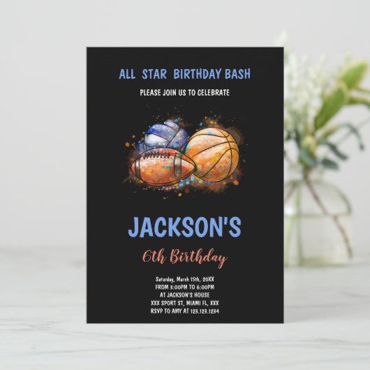 Bewerkbare jongens Multi-Sport Party Uitnodigen Kaart (Staand voorkant)