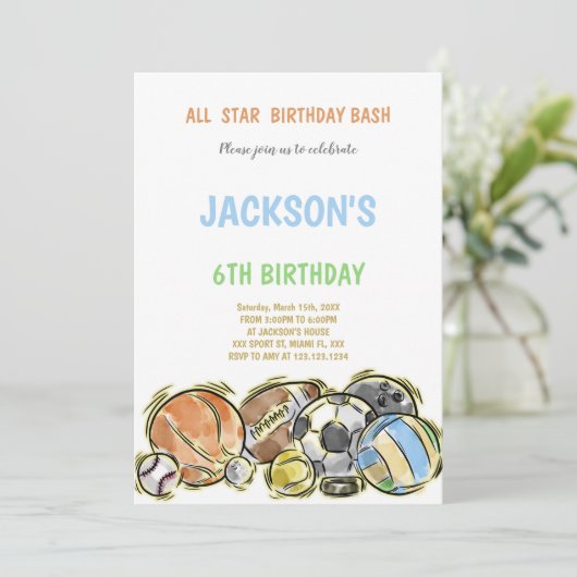 Bewerkbare Jongens Multi-Sport Party Uitnodigen me Kaart (Staand voorkant)