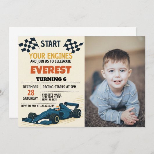 Bewerkbare Jongens Racing Party Nodig uit met Chec Kaart (Voorkant / Achterkant)