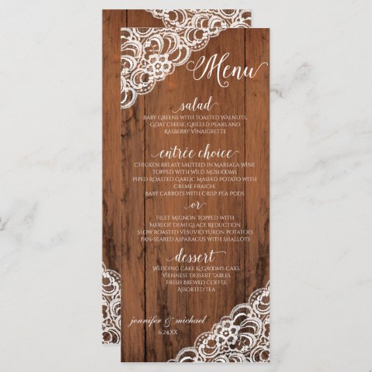 BEWERKBARE KANT KLEUR Rustiek hout bruiloft Menu (Voorkant / Achterkant)