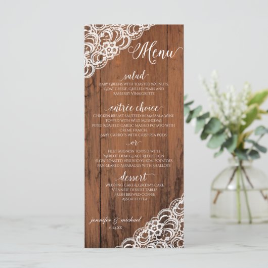 BEWERKBARE KANT KLEUR Rustiek hout bruiloft Menu (Staand voorkant)