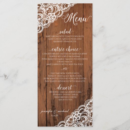 BEWERKBARE KANT KLEUR Rustiek hout bruiloft Menu (Voorkant)