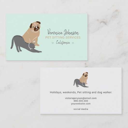 Bewerkbare kattenillustratie van een kattenhuisdie visitekaartje (Voorkant / Achterkant)