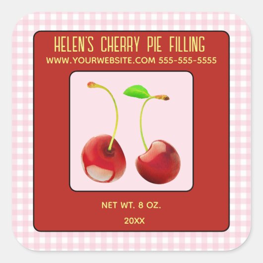 Bewerkbare kersenjam taartvulling vierkante sticker (Voorkant)