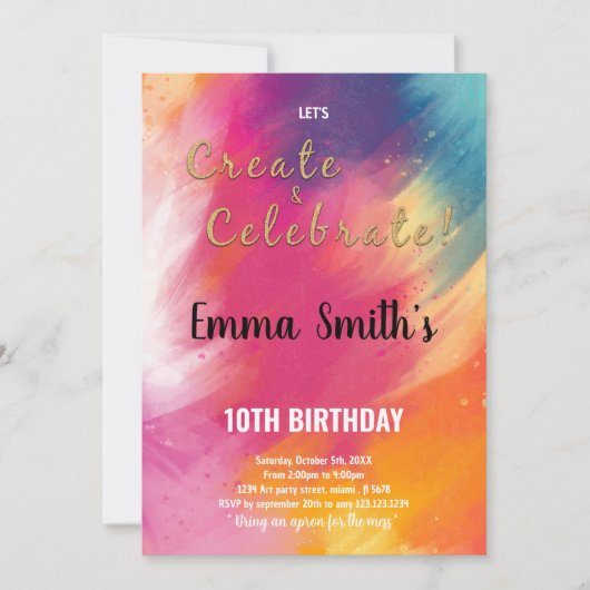 Bewerkbare Kinder Art Party Kaart met Rainbow Spla (Voorkant)