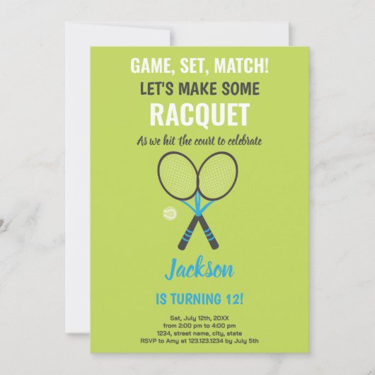 Bewerkbare Kinder sportparty Kaart met racket en b (Voorkant)