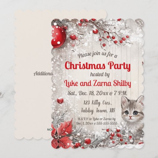 Bewerkbare Kitten en bessen kerstfeest Kaart (Voorkant / Achterkant)