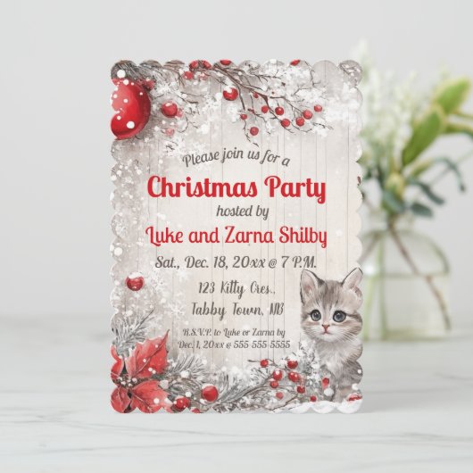 Bewerkbare Kitten en bessen kerstfeest Kaart (Staand voorkant)