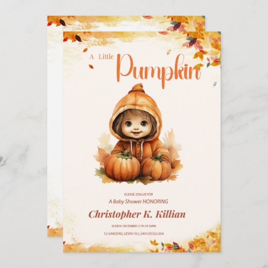 Bewerkbare kleine pompoen Baby shower uitnodiging, Kaart (Voorkant / Achterkant)