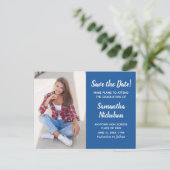 Bewerkbare kleur Blauw Afstuderen Foto Opslagdatum Aankondigingskaart (Staand voorkant)