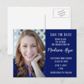 Bewerkbare kleur Blauwe foto Afstuderen Opslagdatu Aankondigingskaart (Voorkant / Achterkant)