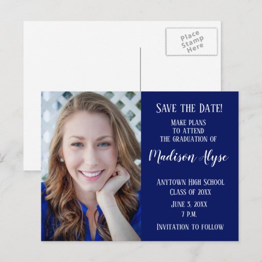 Bewerkbare kleur Blauwe foto Afstuderen Opslagdatu Aankondigingskaart (Voorkant / Achterkant)