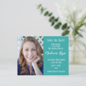 Bewerkbare kleur Blauwgroen Foto Afstuderen Opslag Aankondigingskaart (Staand voorkant)