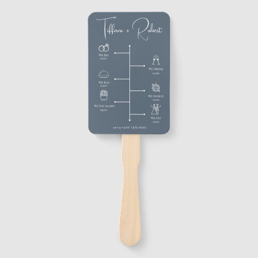 Bewerkbare kleur Dusty Blue Wedding Timeline Handwaaier (Voorkant)