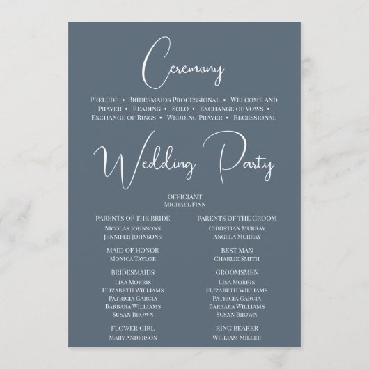 Bewerkbare kleur Dusty Blue Wedding Timeline Programmakaart (Achterkant)
