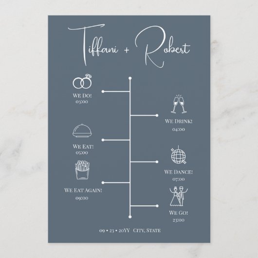 Bewerkbare kleur Dusty Blue Wedding Timeline Programmakaart (Voorkant)
