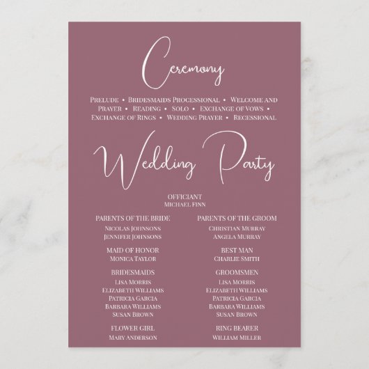 Bewerkbare kleur Dusty Pink Wedding Tijdlijn Programmakaart (Achterkant)