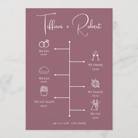 Bewerkbare kleur Dusty Pink Wedding Tijdlijn Programmakaart (Voorkant)