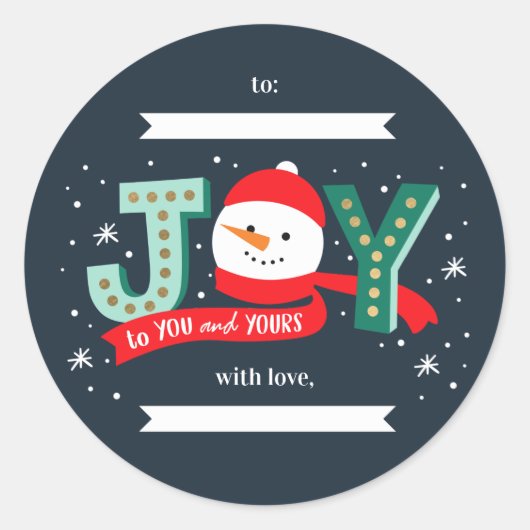BEWERKBARE KLEUR Joyful Snowman Holiday Gift Stick Ronde Sticker (Voorkant)