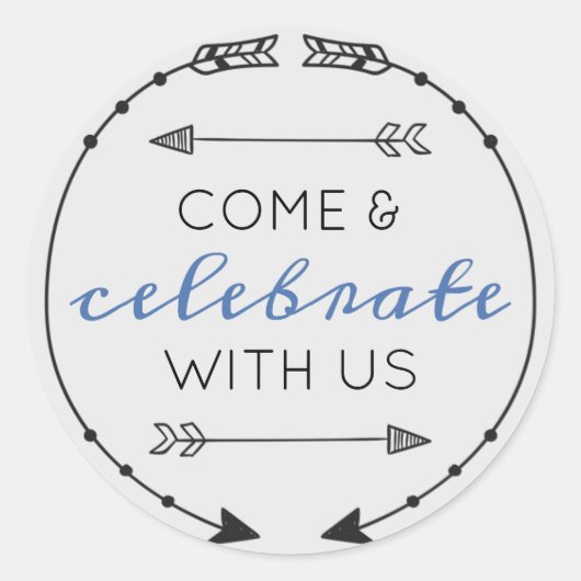 Bewerkbare Kleur Kom & Vier Feest Met Ons Ronde Sticker (Voorkant)