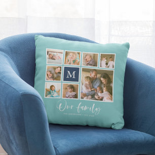 Bewerkbare Kleur Monogram Onze Familie Foto Collag Kussen