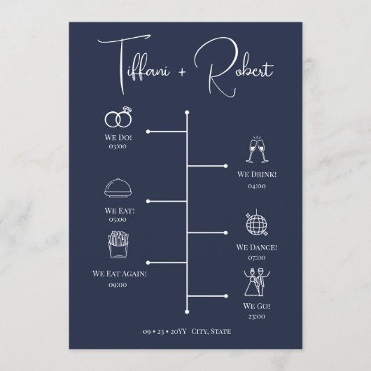 Bewerkbare kleur Navy Blue bruiloft tijdlijn Programmakaart (Voorkant)