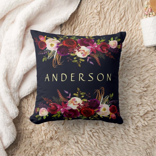 BEWERKBARE KLEUR Navy Bourgondië rustieke Boho Flo Kussen (Deken)