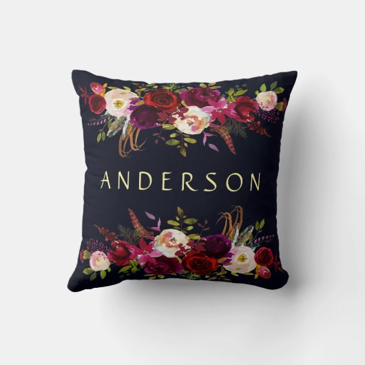 BEWERKBARE KLEUR Navy Bourgondië rustieke Boho Flo Kussen (Achterkant)