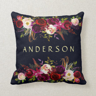 BEWERKBARE KLEUR Navy Bourgondië rustieke Boho Flo Kussen