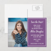 Bewerkbare kleur Paarse foto-Afstuderen Opslagdatu Aankondigingskaart (Voorkant / Achterkant)