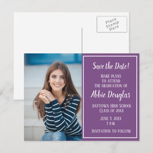 Bewerkbare kleur Paarse foto-Afstuderen Opslagdatu Aankondigingskaart (Voorkant / Achterkant)