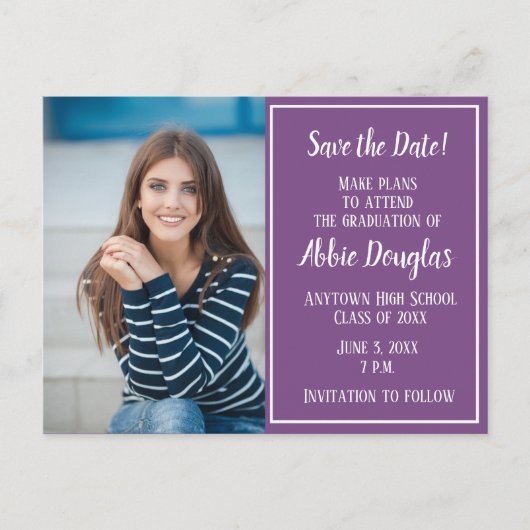Bewerkbare kleur Paarse foto-Afstuderen Opslagdatu Aankondigingskaart (Voorkant)