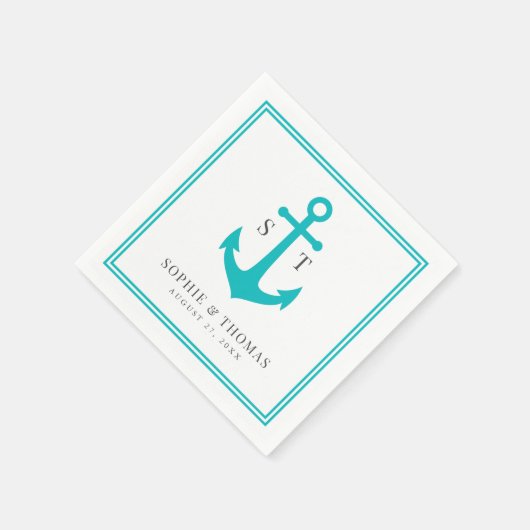 Bewerkbare Kleur Rand Monogram Anker Bruiloft Servet (Hoek)