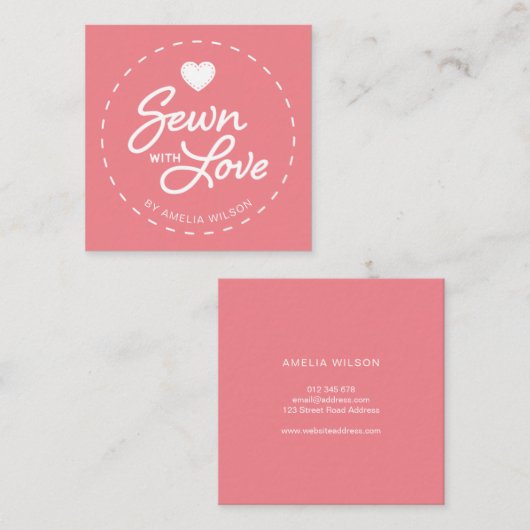 Bewerkbare kleur Stijlvol genaaid met Love Heart Vierkante Visitekaartje (Voorkant / Achterkant)