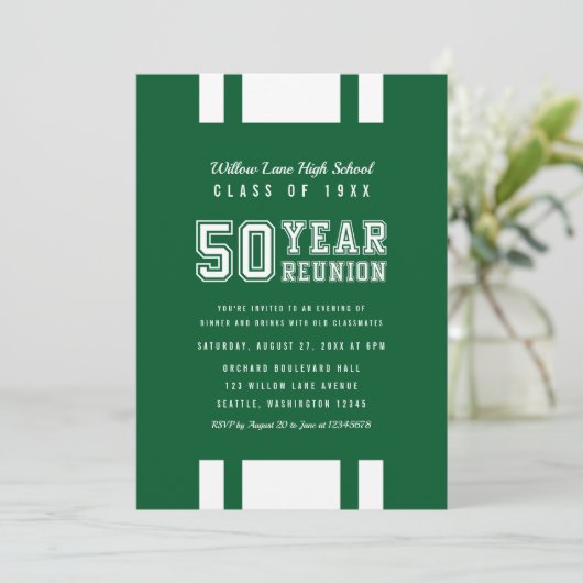 Bewerkbare kleur Varsity 50 jaar klasse reünie Kaart (Staand voorkant)
