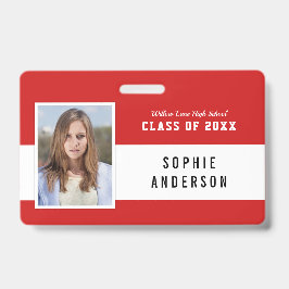 Bewerkbare Kleur Varsity Klasse Reünie Foto Naam Badge