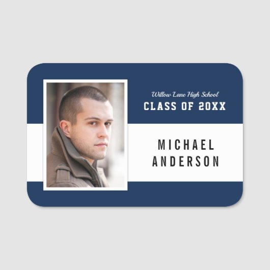 Bewerkbare kleur Varsity School Class Reunion Foto Naamplaatje (Voorkant)