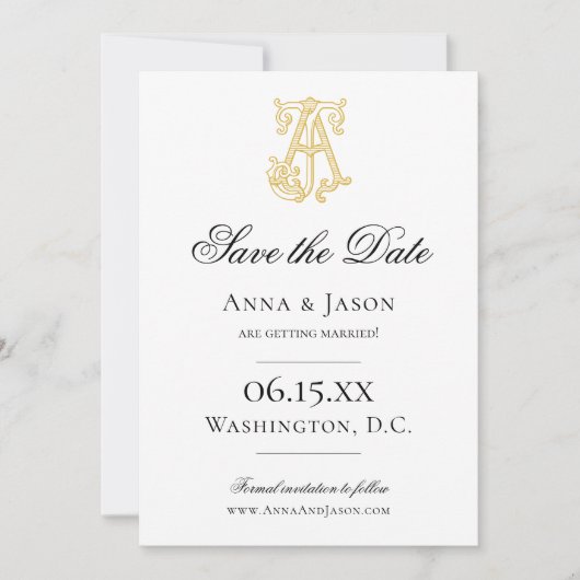 BEWERKBARE KLEUREN AJ Monogram JA Monogram Uitnodi Save The Date (Voorkant)