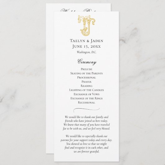 BEWERKBARE KLEUREN JT Monogram TJ Monogram Program Programmakaart (Voorkant / Achterkant)