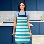 Bewerkbare kleuren met witte strepen Naam toevoege Schort<br><div class="desc">Het gepersonaliseerde Schort met een wit stripespatroon met een editable achtergrondkleur, klikt de aanpassingsknoop voor toegang. Om de turkooiskleur te veranderen, selecteer achtergrondkleur en verander zijn kleur. Om de blauwe kleur te veranderen, selecteer rechthoeklaag en verander zijn vullingskleur. U kunt zelfs de riemkleur (die op de productpagina zelf toegankelijk is)...</div>