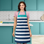Bewerkbare kleuren met witte strepen Naam toevoege Schort<br><div class="desc">De gepersonaliseerde Apron die een wit stripespatroon met een editable achtergrondkleur bevat, klikt de aanpassingsknoop voor toegang. Om de blauwe kleur te veranderen, selecteer achtergrondkleur en verander zijn kleur. Om de turkooiskleur te veranderen, om rechthoeklaag te selecteren en zijn vullingskleur te veranderen. U kunt zelfs de riemkleur (die op de...</div>