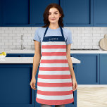 Bewerkbare kleuren met witte strepen Naam toevoege Schort<br><div class="desc">Het gepersonaliseerde Schort met een wit stripespatroon met een editable achtergrondkleur, klikt de aanpassingsknoop voor toegang. Om de koraalkleur te veranderen, selecteer achtergrondkleur en verander zijn kleur. Om de blauwe kleur te veranderen, selecteer rechthoeklaag en verander zijn vullingskleur. U kunt zelfs de riemkleur (die op de productpagina zelf toegankelijk is)...</div>