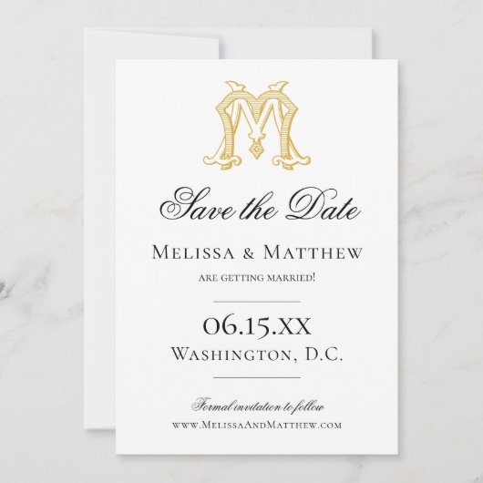 BEWERKBARE KLEUREN MM Monogram MM Crest Uitnodigin Save The Date (Voorkant)