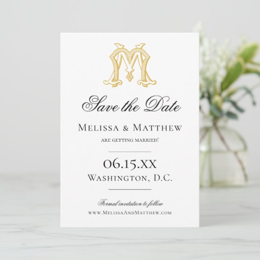 BEWERKBARE KLEUREN MM Monogram MM Crest Uitnodigin Save The Date (Staand voorkant)