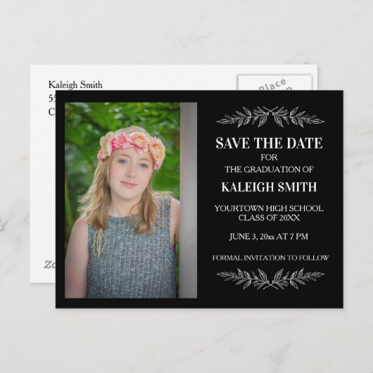 Bewerkbare kleuren zwart Afstudeerder Opslagdatum Aankondigingskaart (Voorkant / Achterkant)