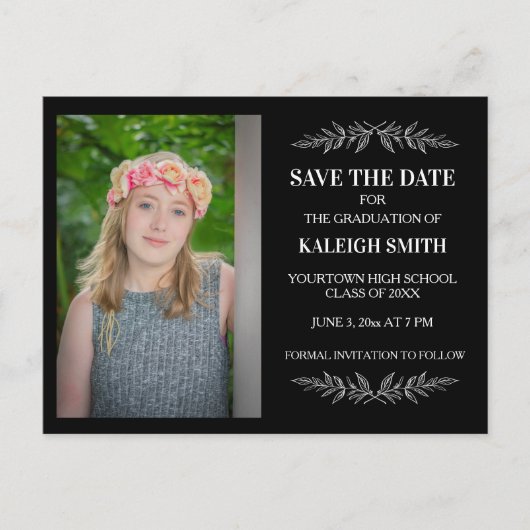 Bewerkbare kleuren zwart Afstudeerder Opslagdatum  Aankondigingskaart (Voorkant)