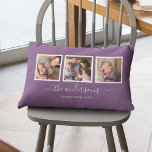 Bewerkbare kleurnaam Kalligrafie Fotocollage Kussen<br><div class="desc">Kussen met 3 vierkante foto's met een witte rand eromheen naast elkaar aan de voor- en achterkant, waardoor het in totaal 6 foto's zijn die u kunt vervangen door uw eigen foto's tegen een bewerkbare achtergrondkleur (klik op "aanpassen" om de achtergrondkleur te wijzigen). U kunt ook uw familienaam toevoegen in...</div>