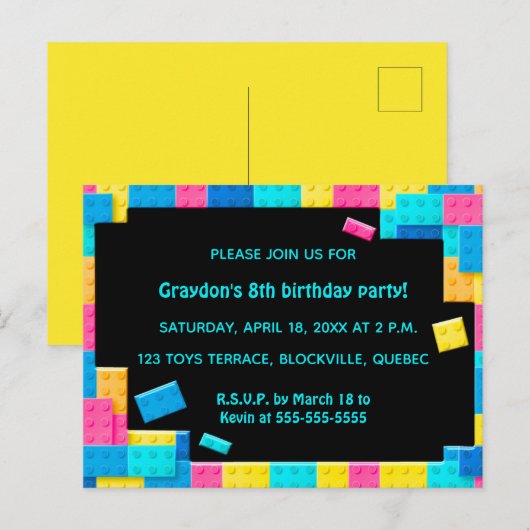 Bewerkbare kleurrijke bouwstenen Verjaardag Uitnodiging Briefkaart (Voorkant / Achterkant)