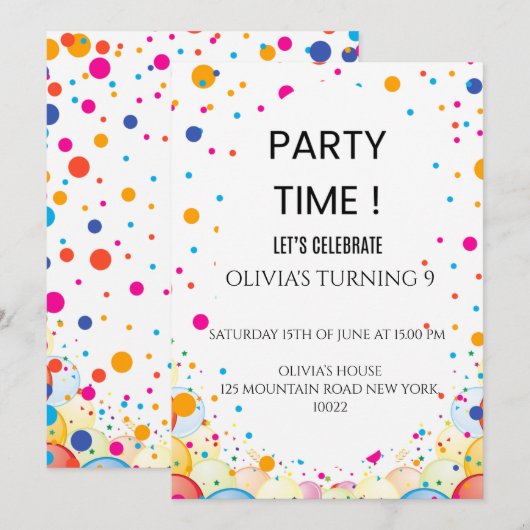 Bewerkbare kleurrijke Confetti verjaardagsuitnodig Kaart (Voorkant / Achterkant)